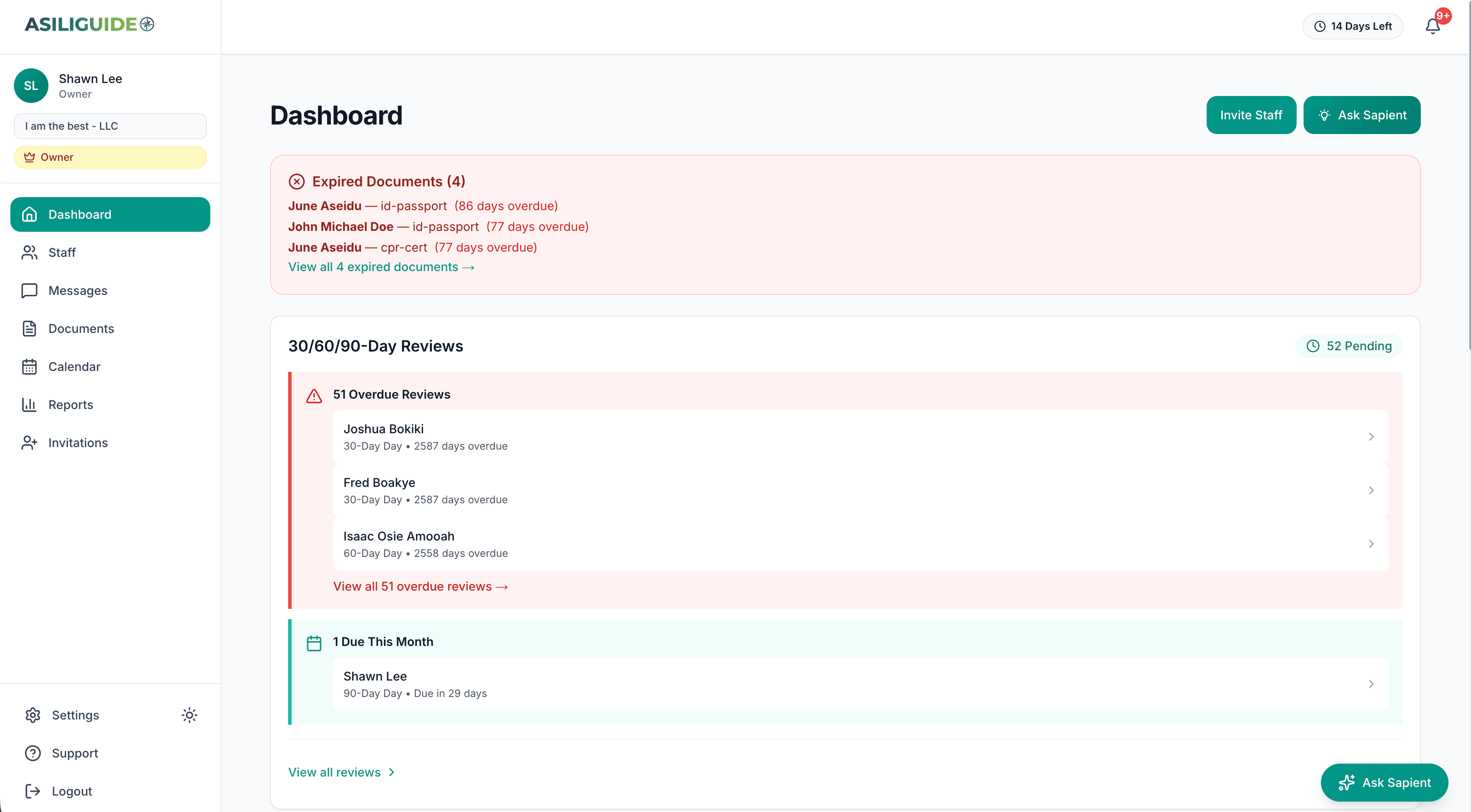 AsiliGuide Dashboard - Compliance tracking, staff management, and document oversight