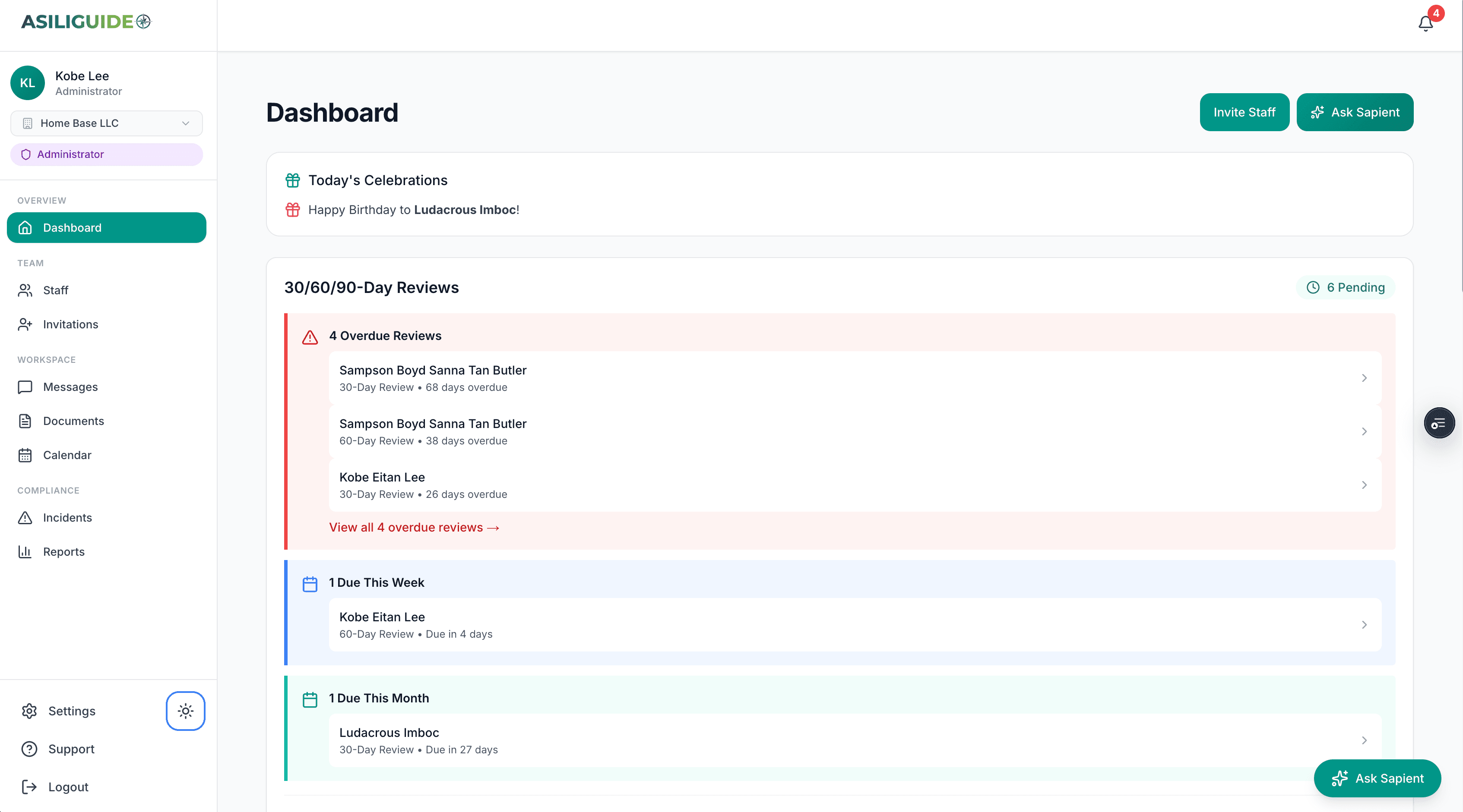 AsiliGuide Dashboard - Compliance tracking, staff management, and document oversight